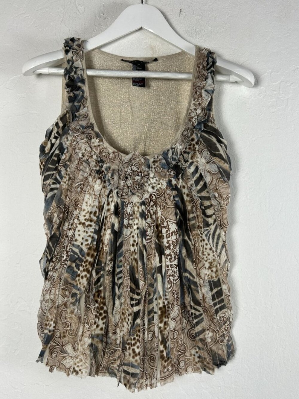Yansi Fugel Womens Animal Print Ruffle Sleeveless Top Medium Brown Silk Blend